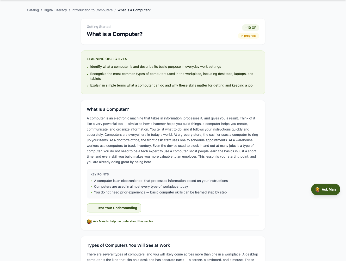 A real lesson page with learning objectives and the Ask Maia AI tutor